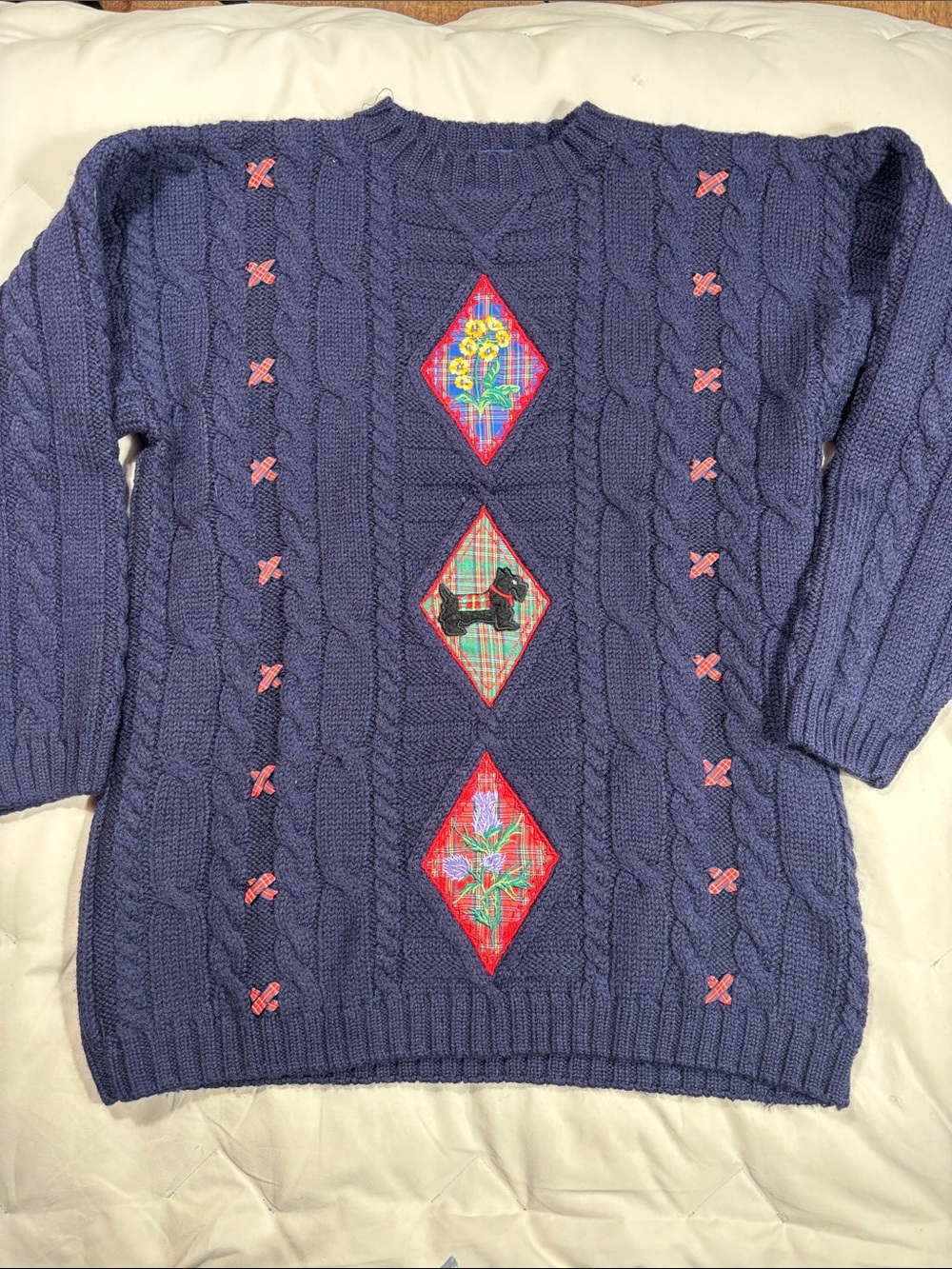 Navy Cable-Knit Crewneck Sweater with Plaid Diamond Appliqués